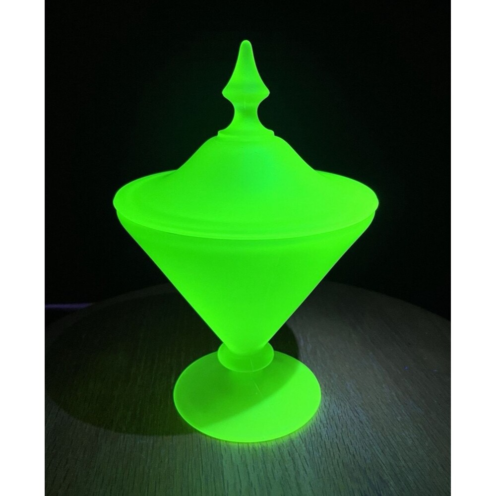 Vtg Tiffin Uranium Green 7” Satin Covered Candy Dish Cone Flared Art Deco Glass